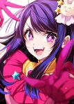  1girl dress fangs gloves hair_ornament highres hoshino_ai_(oshi_no_ko) idol looking_at_viewer misteor open_mouth oshi_no_ko pink_dress pink_gloves pointing pointing_at_viewer purple_hair rabbit_hair_ornament solo star-shaped_pupils star_(symbol) star_in_eye symbol-shaped_pupils symbol_in_eye teeth white_background 