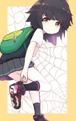  1girl :/ absurdres adjusting_clothes adjusting_shoe backpack bad_id bad_pixiv_id bag bag_charm black_hair black_shoes black_skirt black_sweater_vest blush border brown_eyes charm_(object) chocpocalypse commentary dress_shirt english_commentary expressionless from_behind from_side green_bag highres leg_up light_blush looking_back looking_to_the_side marvel outside_border peni_parker pink_trim school_uniform shirt shoe_soles shoes short_hair short_sleeves skirt sneakers solo spider-man:_into_the_spider-verse spider-man_(series) spider-verse spider_web_background squatting standing standing_on_one_leg sweater_vest white_shirt yellow_border 