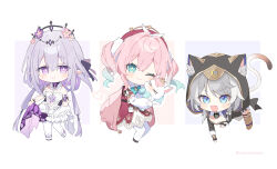  >_< 3girls ;) absurdres all_fours animal animal_ear_fluff animal_ears animal_hood aqua_eyes aqua_hair black_tiara blue_eyes boots breasts castorice_(honkai:_star_rail) cat_ears cat_girl cat_hood cat_tail chibi chibi_only cipher_(honkai:_star_rail) commentary_request dress flower gold_boots grey_hair hair_flower hair_ornament highres holding holding_animal honkai:_star_rail honkai_(series) hood hyacine_(honkai:_star_rail) little_ica_(honkai:_star_rail) looking_at_viewer medium_hair memosprite multicolored_hair multiple_girls one_eye_closed open_mouth pantyhose pink_hair pointy_ears purple_hair red_dress short_hair_with_long_locks simple_background smile tail tiara twitter_username two-tone_hair uwasewau violet_eyes white_background white_dress white_pantyhose 
