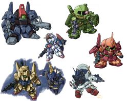  aeug barzam beam_rifle chibi chibi_only commentary_request dual_wielding energy_gun energy_sword flying green_eyes gun gundam gundam_mk_ii highres hizack holding holding_gun holding_sword holding_weapon horns hyaku_shiki marasai mecha mecha_focus mobile_suit moukin_punch no_humans one-eyed red_eyes rick_dias robot science_fiction sd_gundam shoulder_spikes signature simple_background single_horn spikes standing sword thrusters titans_(gundam) v-fin violet_eyes weapon white_background zeta_gundam zeta_gundam_(mobile_suit) 