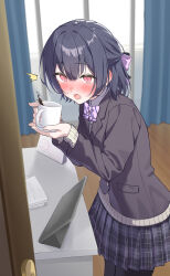  1girl :o ^^^ absurdres amama_(pcnk4878) black_hair black_jacket black_skirt blush bow bowtie calendar_(object) caught coffee commentary_request cup grey_sweater highres holding holding_cup idolmaster idolmaster_shiny_colors indoors jacket long_hair looking_at_viewer morino_rinze mug paper_stack plaid_clothes plaid_skirt pleated_skirt pov purple_bow purple_bowtie red_eyes school_uniform short_hair skirt solo striped_bow striped_bowtie striped_clothes sweater tablet_pc 