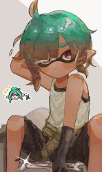  1girl arm_behind_head arm_up black_gloves black_shorts brown_hair clothes_around_waist dark-skinned_female dark_skin fingerless_gloves freckles gloves gradient_hair green_hair highres holding holding_wrench hwtr_06 inkling_girl inkling_player_character mechanic_(splatoon_raiders) multicolored_hair one_eye_closed pointy_ears red_eyes short_hair shorts simple_background sitting solo sparkle splatoon_(series) splatoon_raiders sweat tank_top tentacle_hair wrench 