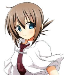  >:) 1girl ahoge alternate_eye_color blue_eyes blush brown_hair capelet chataring_mai closed_mouth collared_shirt commentary eyes_visible_through_hair folded_ponytail hair_between_eyes highres looking_at_viewer medium_hair necktie red_necktie school_uniform shirt sidelocks simple_background sketch smile solo split_mouth subarashiki_hibi tachibana_kimika upper_body v-shaped_eyebrows white_background white_capelet white_shirt 