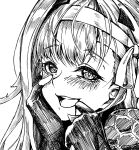  1girl absurdres bandaged_head bandages blush goddess_of_victory:_nikke greyscale hand_on_own_cheek hand_on_own_face highres long_hair looking_at_viewer modernia_(nikke) monochrome smile smoothie_bear solo teeth traditional_media upper_teeth_only 