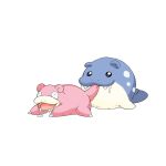 animal_focus blue_eyes drooling fangs highres no_humans open_mouth pokemon pokemon_(creature) risapaso simple_background slowpoke spheal tail_in_mouth white_background 
