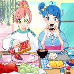  2girls apple blue_eyes blue_hair blueberry blunt_bangs bowl bright_pupils collared_shirt cup food food_art fruit grapes green_eyes hair_bun highres hirogaru_sky!_precure holding holding_knife indoors jam knife leaf long_sleeves monster_rally multiple_girls nijigaoka_mashiro omelet pink_hair plate precure shirt sora_harewataru strawberry sweater tako-san_wiener tamagoyaki toast white_pupils 