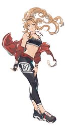  1girl alternate_hairstyle blonde_hair blue_eyes bracelet fingerless_gloves gloves granblue_fantasy hairband highres jacket jewelry necklace open_clothes open_jacket ponytail shimatani_azu shoes single_fingerless_glove single_glove sneakers solo sports_bra sportswear stomach zeta_(granblue_fantasy) 