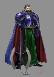  1boy armor axe beard blue_armor blue_eyes blue_hair cape facial_hair fire_emblem fire_emblem:_the_binding_blade full_beard hector_(fire_emblem) highres holding holding_axe soeda_ippei 