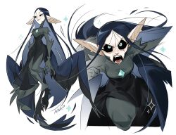  1girl akada angry aqua_eyes black_fur black_hair black_sclera chest_jewel colored_sclera commentary english_commentary fangs feathered_wings harpy highres lilith_clawthorne lilith_clawthorne_(harpy) long_hair low_wings monster_girl pointy_ears simple_background solo talons the_owl_house very_long_ears very_long_hair wings 