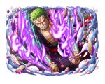  1boy clenched_teeth fire game_cg green_hair holding holding_sword holding_weapon katana looking_at_viewer official_art one_piece one_piece_treasure_cruise open_clothes purple_robe robe roronoa_zoro scar scar_across_eye short_hair solo sword teeth weapon 
