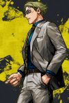  animal_print belt blonde_hair blue_shirt brown_belt collared_shirt cowboy_shot formal goggles grey_pants grey_suit grmms_otk hand_in_pocket jujutsu_kaisen leopard_print nanami_kento necktie pants shirt short_hair solo standing suit watch watch yellow_necktie 