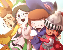  2boys 2girls :3 ;d =_= animal_costume animal_ears armor ball_hands black_hair blue-framed_eyewear blue_hat blue_robe blush brown_hair cape cat_(miitopia) cat_boy cat_costume cat_ears chainmail cleric_(miitopia) closed_eyes commentary_request elbow_gloves eyelashes fake_animal_ears freckles glasses gloves hat helm helmet highres light_particles long_sleeves mage_(miitopia) mii_(nintendo) miitopia multiple_boys multiple_girls no_sclera one_eye_closed open_mouth red_cape red_gloves rikka_natsu_27 robe round_eyewear short_hair smile sweatdrop thick_eyebrows warrior_(miitopia) whiskers white_hat white_robe 