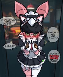  1girl absurdres animal_ear_hairband animal_ears aria_(zenless_zone_zero) arutemisu180 black_dress blurry blurry_background blush cat_ear_hairband cat_ears commentary cowboy_shot doorway dress embarrassed english_commentary english_text enmaided fake_animal_ears game_screenshot_background green_eyes hairband hands_up highres humanoid_robot maid maid_headdress open_mouth pov_doorway robot robot_girl screenshot_background shinkon_santaku speech_bubble zenless_zone_zero 
