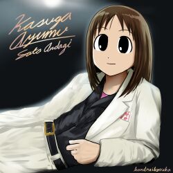  1girl album_cover_redraw arm_support artist_name azumanga_daioh backlighting belt black_background black_belt black_eyes black_shirt brown_hair collared_shirt commentary cosplay derivative_work dot_nose english_commentary english_text hendraibyouka highres jacket kasuga_ayumu light_smile looking_at_viewer lying medium_hair michael_jackson michael_jackson_(cosplay) on_side parody parted_bangs pink_shirt shirt simple_background suit thriller_(michael_jackson) undershirt white_jacket yellow_text 