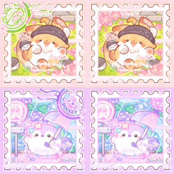  :3 ahoge animal animal_focus bai_gui_hua_zi beanie bird blue_flower chibi chibi_only commission dog flower hat holding holding_umbrella hydrangea lying mihuashi_commission no_humans on_back original penguin pink_flower postage_stamp postage_stamp_(medium) purple_flower rain sign too_many_watermarks umbrella walking water watermark yume_kawaii 