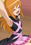  1girl armpits belt haruyama_kazunori kuromajo-san_ga_tooru!! long_hair motion_blur open_mouth orange_hair red_eyes smile solo touka_blossom 