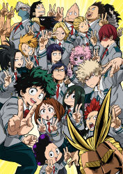  6+boys 6+girls :d ;> aizawa_shota all_might animal_head anime_coloring antenna_hair aoyama_yuga arm_up ashido_mina asui_tsuyu bakugou_katsuki beak bird_boy black_eyes black_hair black_sclera black_socks blonde_hair blue_eyes blue_hair blue_mask blue_pants blunt_bangs blush_stickers boku_no_hero_academia brown_eyes brown_hair burn_scar buttoned_cuffs buttons clenched_hand collared_shirt colored_sclera colored_skin covered_mouth curly_hair curtained_hair double-parted_bangs double_horizontal_stripe double_v downturned_eyes everyone extra_arms facial_hair freckles frown furrowed_brow glasses green_eyes green_hair grey-framed_eyewear grey_jacket grey_scarf grid_teeth grin hagakure_toru hair_between_eyes hair_pulled_back hair_rings hair_slicked_back hand_up hands_up happy head_tilt high_ponytail highres horns iida_tenya invisible jacket jiro_kyoka kaminari_denki key_visual kirishima_eijiro kneehighs koda_koji lapels long_earlobes long_hair long_scarf long_sleeves looking_at_viewer looking_down looking_to_the_side low-tied_hair_ring low-tied_long_hair mask messy_hair midoriya_izuku mineta_minoru mouth_mask multicolored_hair multiple_boys multiple_girls mustache_stubble necktie no_pupils notched_lapels official_art ojiro_mashirao one_eye_closed open_collar open_mouth outstretched_arm over-rim_eyewear pants pink_hair pink_skin pleated_skirt ponytail profile promotional_art purple_hair raised_eyebrow raised_inner_eyebrows rectangular_eyes red_eyes red_hair red_necktie round_teeth sanpaku sato_rikido scar scar_on_face scarf school_uniform second-party_source semi-rimless_eyewear sero_hanta shaded_face sharp_teeth shirt shoji_mezo short_eyebrows short_hair short_male sidelocks sideways_glance skirt smile socks sparse_stubble spiky_hair split_mouth streaked_hair stubble sunburst sunburst_background sweatdrop teeth thick_eyebrows thick_lips todoroki_shoto tokoyami_fumikage triangle_mouth tsurime turning_head two-tone_hair u.a._school_uniform upper_teeth_only uraraka_ochaco v v-shaped_eyebrows v_over_eye w white_hair white_shirt wing_collar yagi_toshinori yaoyorozu_momo yellow_background yellow_eyes yellow_horns 