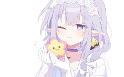  1girl absurdres braid braided_ponytail bright_pupils butterfly_earrings castorice_(honkai:_star_rail) castorice_(ingenuity)_(honkai:_star_rail) character_name choker closed_mouth commentary_request earrings gloves hair_over_shoulder hairband highres holding honkai:_star_rail honkai_(series) jewelry looking_at_object mismatched_earrings official_alternate_costume one_eye_closed pointy_ears portrait purple_choker purple_hair simple_background smile solo uwasewau violet_eyes white_background white_gloves white_hairband 