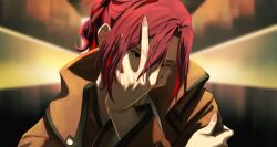  1girl aozaki_touko black_hair blurry blurry_background chinese_commentary coat commentary_request empty_eyes hair_between_eyes hand_on_own_face hand_on_own_shoulder highres kara_no_kyoukai kotomine_(a1569) long_sleeves looking_at_viewer no_pupils ponytail portrait red_hair shirt sidelocks solo sunburst sunburst_background trench_coat white_shirt 