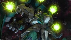  absurdres asteroid beam_cannon copyright_notice debris energy extra_eyes firing gengaozo gundam gundam_battle_operation_2 highres mecha mecha_focus mobile_suit muzzle_flash nebula no_humans official_art painting_(medium) realistic robot scan science_fiction solo space star_(sky) sunrise_(company) tenjin_hidetaka thrusters traditional_media victory_gundam yellow_eyes zanscare zero_gravity 