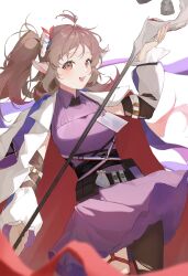  1girl absurdres animal_ears antenna_hair arknights bell black_pantyhose blush cowboy_shot dress eyjafjalla_(arknights) eyjafjalla_the_hvit_aska_(arknights) felsushi2 highres holding holding_staff horns jacket jacket_on_shoulders lapels long_hair long_sleeves official_alternate_costume open_mouth pantyhose ponytail purple_dress red_eyes sheep_ears sheep_girl sheep_horns simple_background solo staff teeth upper_teeth_only white_background white_jacket 