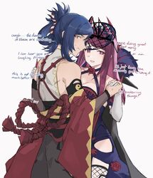  1boy 1girl bare_shoulders blue_hair closed_mouth dress elbow_gloves fascinator fire_emblem fire_emblem_engage fishnets folded_ponytail gloves holding_hands ivy_(fire_emblem) japanese_clothes kagetsu_(fire_emblem) long_hair purple_hair rope shimenawa sleeveless smile tencryingemojis violet_eyes white_gloves yellow_eyes 