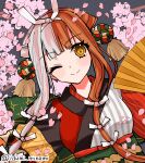  1girl absurdres brown_eyes cherry_blossoms fate/grand_order fate_(series) folding_fan hand_fan highres izumi_minami izumo_no_okuni_(fate) japanese_clothes kimono long_hair multicolored_hair one_eye_closed smile split-color_hair twitter_username 