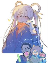  1boy 2girls animal_ears animal_on_shoulder bare_shoulders black-framed_eyewear black_hair blue_eyes blush cho_kaguya-hime! closed_eyes commentary_request cropped_torso crossover crying forehead_jewel fox_ears fushi_(cho_kaguya-hime!) glowstick hair_ornament hair_rings hair_stick hand_fan highres holding holding_fan long_hair long_sleeves meme multicolored_hair multiple_girls one_eye_closed oota_kuniyoshi oota_kuniyoshi_face_(meme) open_mouth parted_lips pink_hair runami_yachiyo sakayori_iroha short_hair sidelighting sleeves_past_wrists smile star_(symbol) streaming_tears tears twintails two-tone_hair wake_up_girls! white_background white_hair wide_sleeves yuki_(uv1dmm7qtt8pnnd) 