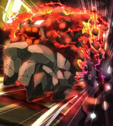  burning carkol coal commentary_request fire full_body glowing glowing_eyes glowing_hot motion_blur motion_lines no_humans open_mouth pokemon pokemon_(creature) pokemon_focus railroad_tracks solo tartarte_tatin teeth 