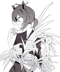  1girl agnes_tachyon_(umamusume) ahoge animal_ears bouquet calla_lily chemical_structure closed_mouth coffeeseal commentary dress flower greyscale hair_between_eyes hair_ornament hairclip hand_up highres horse_ears horse_girl lily_(flower) monochrome necktie ponytail revision short_hair short_ponytail simple_background smile solo umamusume untranslatable_commentary white_background 