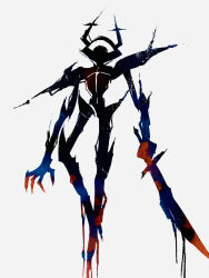  1other antlers armor arms_at_sides black_eyes black_knife_(deltarune) black_skin clawed_hands colored_skin commentary_request cyclops deltarune dripping empty_eyes facing_viewer fewer_digits from_below g_c_hori grey_background highres holding holding_sword holding_weapon horns knees_apart_feet_together long_arms looking_at_viewer no_pupils one-eyed other_focus roaring_knight shoulder_armor simple_background solo standing sword utdr_(toby_fox) weapon white_background 