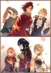  3boys 3girls alcryst_(fire_emblem) amber_(fire_emblem) armor ascot blonde_hair blue_hair cape citrinne_(fire_emblem) diamant_(fire_emblem) earrings feather_hair_ornament feathers fire_emblem fire_emblem_engage hair_ornament hairband high_collar highres jade_(fire_emblem) jewelry lapis_(fire_emblem) leaf_(esabacoo) long_hair long_sleeves looking_at_another looking_to_the_side multiple_boys multiple_girls pink_hair ponytail red_cape red_eyes redhead shirt short_hair white_ascot yellow_eyes 