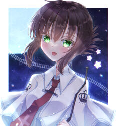  1girl :d absurdres backlighting baton_(weapon) blush border brown_hair capelet collared_shirt commentary cross cross_print expandable_baton eyelashes eyes_visible_through_hair fang folded_ponytail full_moon green_eyes hair_between_eyes highres holding_baton medium_hair moon moonlight necktie night open_mouth outdoors outside_border print_necktie railroad_tracks red_necktie school_uniform shirt sidelocks skin_fang sky smile solo star_(symbol) subarashiki_hibi suzu_701kt tachibana_kimika upper_body weapon white_border white_capelet white_shirt 