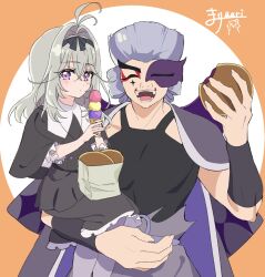  1boy 1girl :d antenna_hair black_dress black_ribbon blonde_hair carrying carrying_person closed_eyes closed_mouth commentary_request dorayaki dot_mouth dress eye_mask food goemon_(precure) hair_intakes hair_ribbon half_eye_mask highres holding holding_food holding_ice_cream_cone ice_cream_cone long_hair looking_at_viewer makeup marimari2793 mask meitantei_precure! moria_luluka muscular muscular_male open_mouth pantyhose precure purple_pantyhose ribbon signature smile violet_eyes wagashi 