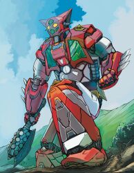  arm_blade armor axe blue_sky clenched_hand clouds cloudy_sky dirt exposed_internal_machinery getter-1 getter_robo glowing glowing_eyes highres hill holding holding_axe joints knee_spikes mecha mecha_focus multicolored_armor no_humans outdoors red_armor robot robot_joints science_fiction shoulder_spikes sky spikes super_robot tomahawk tree weapon white_armor yamanushi yellow_armor yellow_eyes 