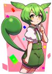  1girl green_hair green_shorts green_suspenders highres looking_at_viewer pea_pod puffy_short_sleeves puffy_shorts puffy_sleeves shirt short_hair short_sleeves shorts smile suspender_shorts suspenders tail umenodo voiceroid white_shirt yellow_eyes zundamon 