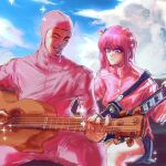  1boy 1girl blue_eyes bocchi_the_rock! closed_eyes clouds day english_commentary filthy_frank gotou_hitori guitar hair_ornament highres holding holding_instrument hood hood_up instrument jacket jackety long_hair music one_side_up open_clothes open_jacket pink_hair pink_jacket playing_instrument sincostine sitting sky sparkle tvfilthyfrank 