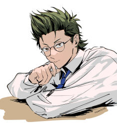  1boy ace_of_diamond artist_name blue_necktie brown_eyes closed_mouth collared_shirt commentary english_commentary glasses green_hair highres kuramochi_youichi male_focus necktie rilaksu012 round_eyewear shirt short_hair simple_background solo white_background white_shirt 