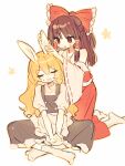  2girls animal_ears bare_shoulders black_skirt black_vest blonde_hair bow brown_eyes brown_hair closed_eyes detached_sleeves fake_animal_ears hair_between_eyes hair_bow hair_tubes hakurei_reimu highres japanese_clothes kirisame_marisa long_hair multiple_girls nontraditional_miko open_mouth rabbit_ears red_bow red_skirt ribbon-trimmed_sleeves ribbon_trim shirt short_sleeves sidelocks simple_background sketch skirt socks springarashi02 touhou vest white_background white_shirt white_sleeves white_socks wide_sleeves 