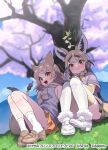  2girls :t animal_ears bare_shoulders blonde_hair blush brown_footwear brown_hair eating elbow_gloves extra_ears fox_ears fox_girl fox_tail gloves kemono_friends kemono_friends_3 loafers multicolored_hair multiple_girls nishiki_kazue official_art open_mouth orange_skirt pale_fox_(kemono_friends) pink_shirt pleated_skirt rueppell&#039;s_fox_(kemono_friends) shirt shoes short_hair sitting skirt sleeveless socks sweater_around_neck t-shirt tail thigh-highs tree white_footwear white_hair white_shirt white_socks white_thighhighs yellow_eyes yellow_gloves yellow_skirt zettai_ryouiki 