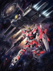  absurdres artist_request beam_cannon beam_rifle earth_federation energy_gun galaxy gundam gundam_unicorn highres mecha mecha_focus milky_way mobile_suit nahel_argama nebula no_humans official_art painting_(medium) promotional_art realistic robot scan science_fiction shield space spacecraft star_(sky) thrusters traditional_media unicorn_gundam v-fin watercolor_(medium) weapon zero_gravity 