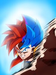 1boy blue_eyes dragon_ball dragon_ball_gt dragon_ball_super dragon_ball_super_broly gogeta long_hair looking_at_viewer male_focus metamoran_vest muscular muscular_male nickroseflow pants solo spiky_hair super_saiyan super_saiyan_4 super_saiyan_blue white_pants 