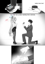  1boy 1girl absurdres animal_ears blue_archive blue_halo blush cawl collared_shirt commentary english_commentary greyscale halo high_heels highres jacket jewelry kokona_(blue_archive) long_hair looking_at_another miniskirt monochrome necktie office_lady on_one_knee pants pantyhose ponytail ring sensei_(blue_archive) shirt skirt sweatdrop thighband_pantyhose very_long_hair wedding_ring yellow_eyes 