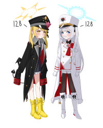  2girls absurdres arms_at_sides black_coat black_dress black_hat black_pantyhose black_wings blonde_hair blue_archive blue_eyes blush boots cherino_(blue_archive) closed_mouth coat commentary demon_tail dress fake_facial_hair fake_mustache full_body gloves halo hat height highres ibuki_(blue_archive) jo_yaong korean_commentary long_sleeves looking_at_viewer multiple_girls one_side_up open_clothes open_coat pantyhose peaked_cap pinafore_dress shako_cap shirt shorts sidelocks simple_background sleeveless sleeveless_dress sleeves_past_fingers sleeves_past_wrists standing swept_bangs tail twintails white_background white_boots white_coat white_gloves white_hat white_shirt white_shorts wings yellow_boots yellow_eyes 