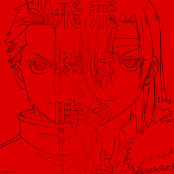  1boy 1girl absurdres album_cover album_name artist_request asa_(yomi_no_tsugai) brother_and_sister commentary cover english_commentary eyepatch highres long_hair mole mole_under_mouth monochrome one_eye_closed portrait red_theme second-party_source short_hair siblings smile translation_request vaundy yomi_no_tsugai yuru_(yomi_no_tsugai) 