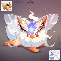  animal_focus antennae artist_name blue_fire character_name colored_eyelashes commission fire flareon fluffy frosmoth full_body fusion grey_background highres insect_wings leoiruga litwick looking_at_viewer lying moth_antennae moth_wings neck_fur no_humans official_art_inset on_stomach orange_fur pokemon pokemon_(creature) pokemon_focus simple_background solo white_fur wings 