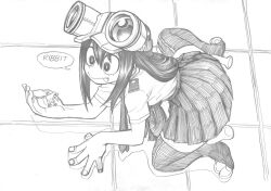 1girl :> :p animal animal_on_hand asui_tsuyu boku_no_hero_academia boots bright_pupils climbing_wall closed_mouth collared_shirt commentary_request crosshatching fingernails frog frog_girl goggles goggles_on_head graphite_(medium) greyscale hair_between_eyes hair_rings hand_on_wall hatching_(texture) highres horikoshi_kouhei linear_hatching long_hair low-tied_hair_ring low-tied_long_hair monochrome necktie official_artist_extra pleated_skirt school_uniform shirt short_sleeves skirt solo speech_bubble split_mouth summer_uniform thigh_boots tile_wall tiles tongue tongue_out traditional_media u.a._school_uniform 
