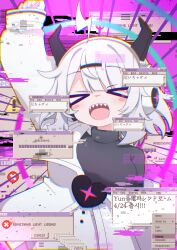 >_< 1girl absurdres ahoge black_sweater breasts buttons chanmul9740 clenched_hand closed_eyes commentary_request demon_horns english_text error_message fangs glitch hair_ornament hairclip headphones heart highres horns jacket korean_commentary large_breasts lightning_ahoge long_sleeves microsoft_windows off-shoulder_jacket off_shoulder open_mouth q-chan_(yunyun_denpa_syndrome) short_hair sign sleeves_past_wrists sweater turtleneck turtleneck_sweater warning_sign white_hair white_jacket window_(computing) windows_95 windows_classic yunyun_denpa_syndrome 