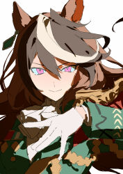 333takoyaki absurdres aiguillette animal_ear_fluff animal_ears anime_coloring ascot blazer brown_hair check_commentary commentary_request ear_ornament earrings epaulettes gloves hair_between_eyes hand_on_own_chest highres horse_ears horse_girl jacket jewelry long_hair long_sleeves medal multicolored_hair pink_eyes shirt single_earring single_epaulette streaked_hair symboli_rudolf_(umamusume) umamusume white_ascot white_background white_gloves white_hair white_shirt white_streaks 