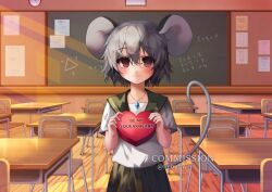  1girl :3 alternate_costume animal_ears box box_of_chocolates chalkboard classroom commentary commission english_commentary english_text green_sailor_collar green_skirt grey_hair heart-shaped_box holding holding_box jewelry looking_at_viewer math mouse_ears mouse_girl mouse_tail nazrin necklace pendant red_eyes sailor_collar school_uniform shianebulae shirt short_hair short_sleeves skirt solo tail touhou twitter_username white_shirt 